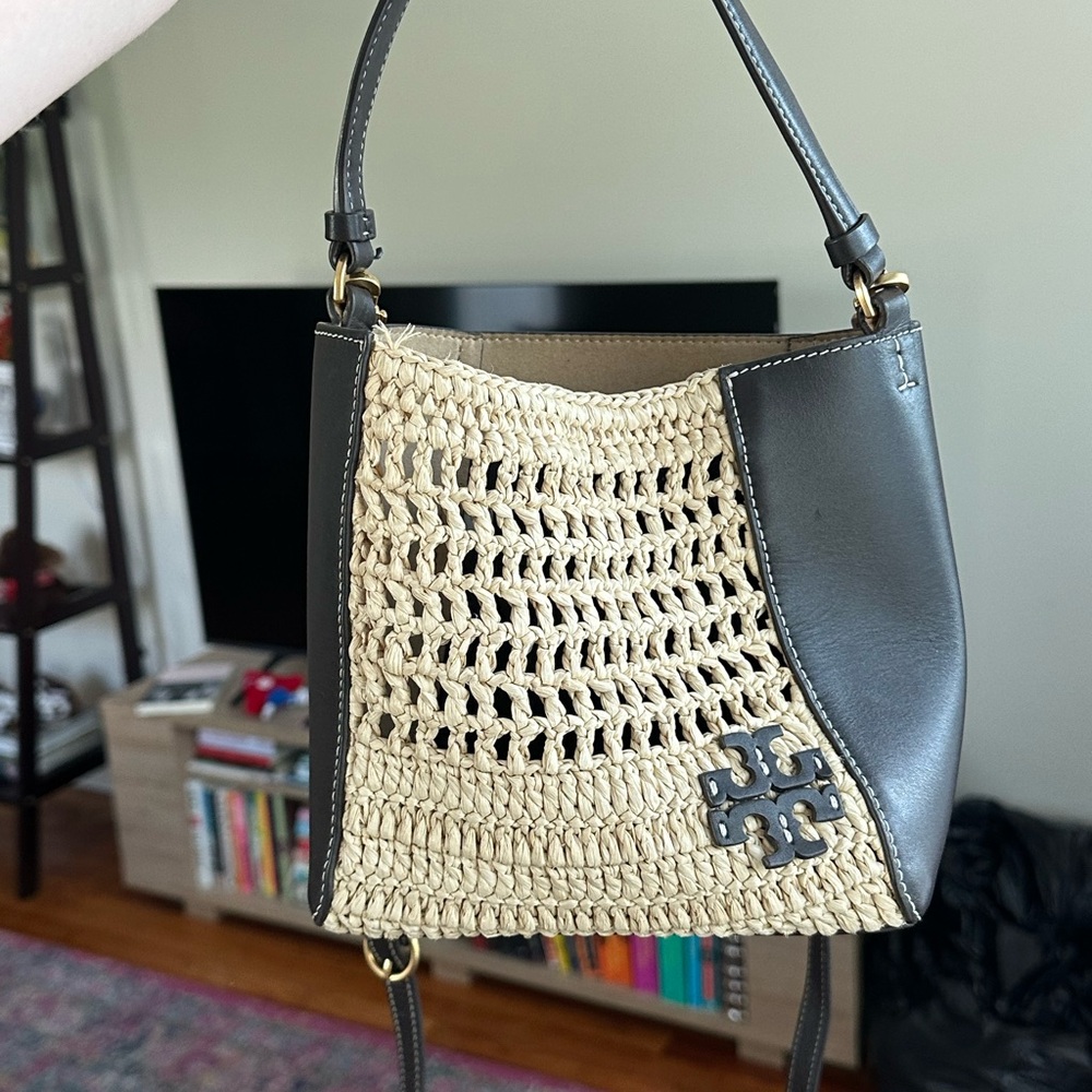 Tory Burch Brown and Tan Crochet Straw and Leather Bag w/ Contrast Stitch